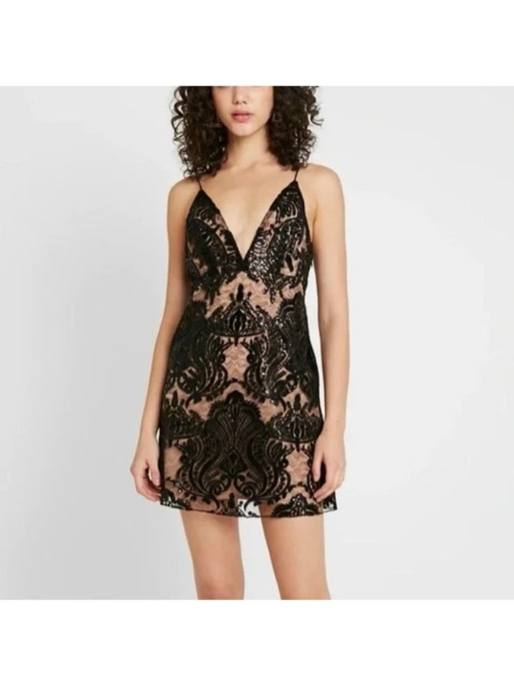 Free People New Night Shimmers Mini Dress Plunge Black Sequin Lace Nude Size 6